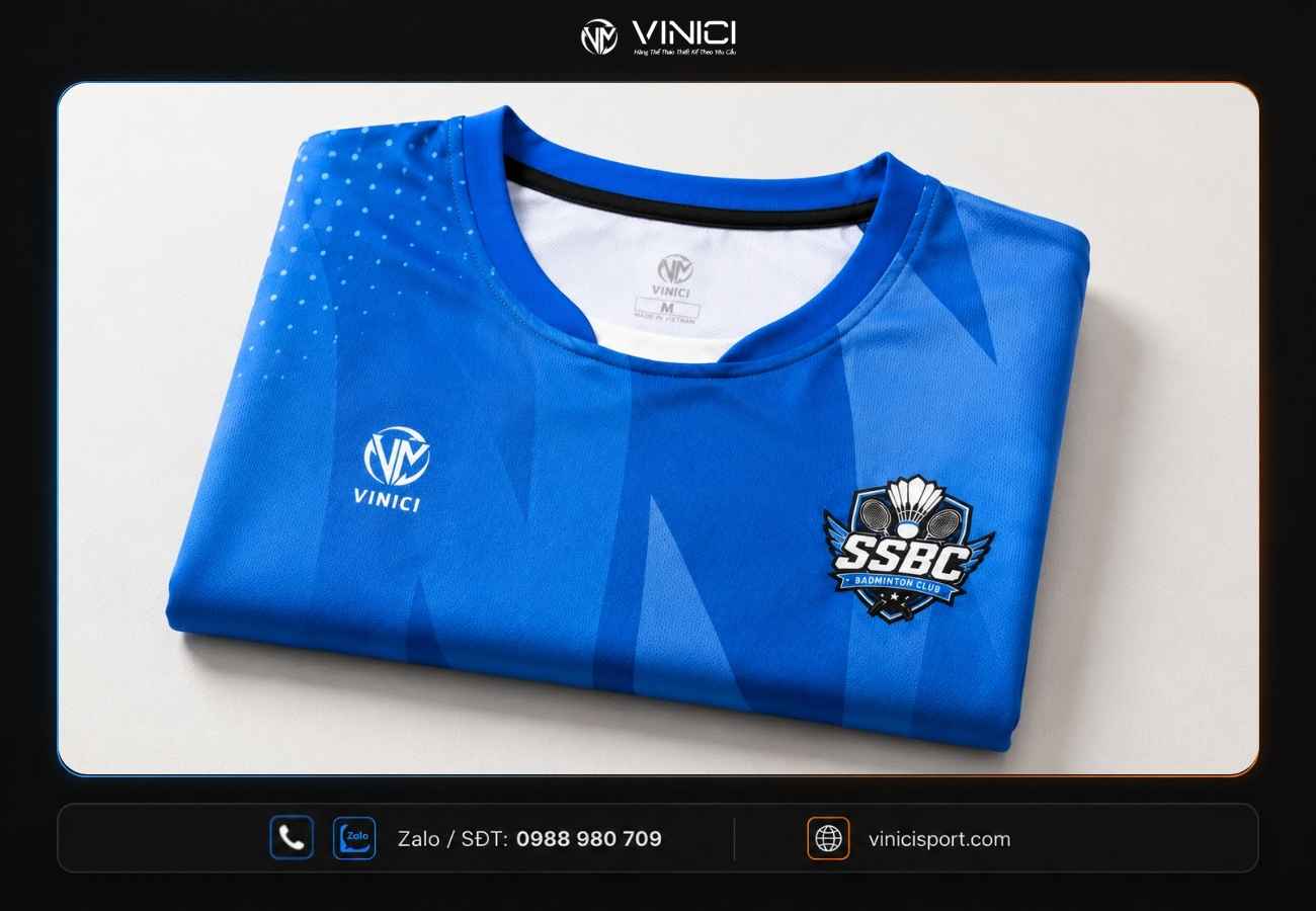 Áo cầu lông SSBC gấp gọn khoe logo đội và họa tiết xanh đặc trưng
