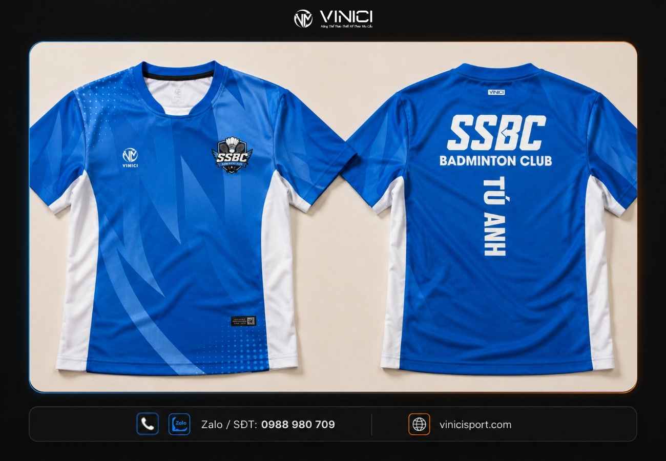 Mẫu áo cầu lông SSBC xanh phối trắng với thiết kế mặt trước và mặt sau