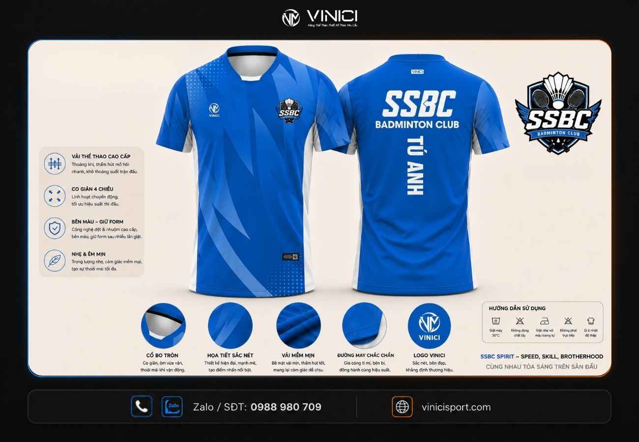 Tổng thể thiết kế áo cầu lông SSBC cùng các chi tiết chất liệu và đường may
