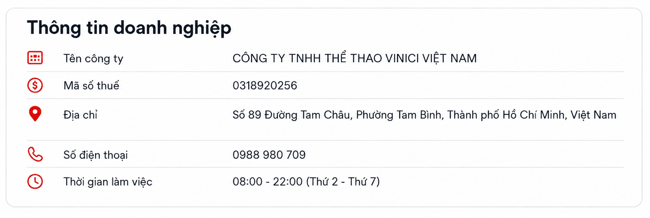 Thông tin Công ty Vinici Sport
